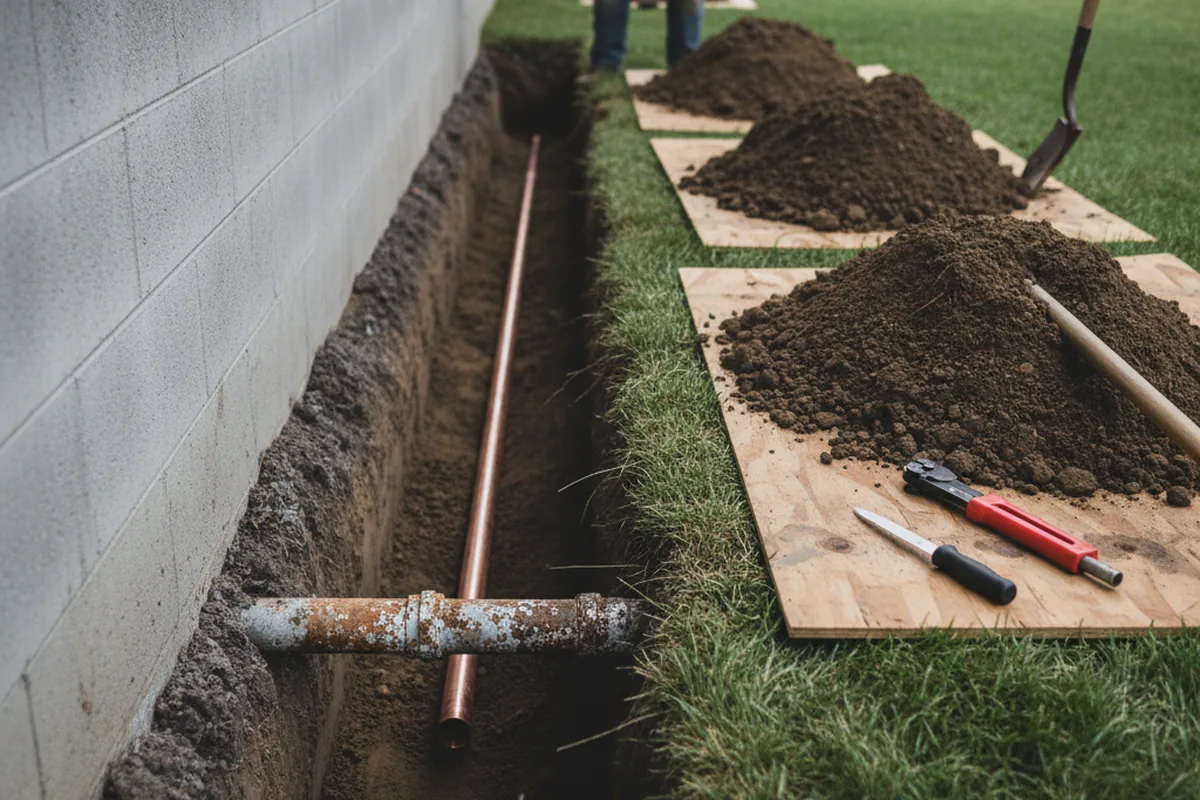 Excavated water line trench during Water Softener Installation in Keystone